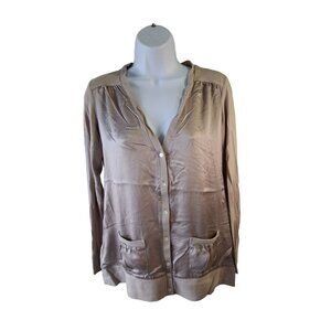 Chico’s Button Front Cardigan Taupe Sz 0 Small  Pockets Chic Minimalist Classic